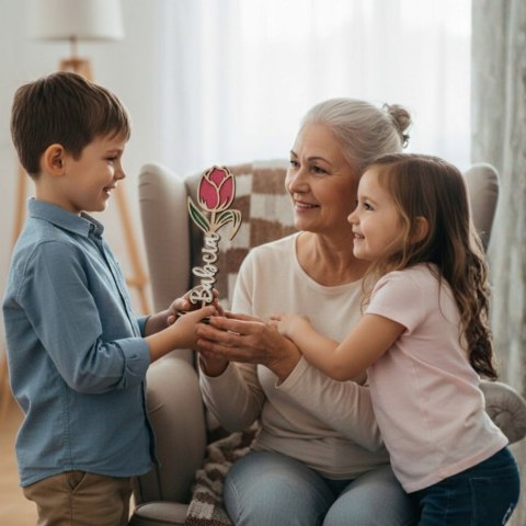 DZIEŃ BABCI WIECZNA RÓŻA DREWNIANA PREZENT PERSONALIZOWANY KWIAT Z NAPISEM
