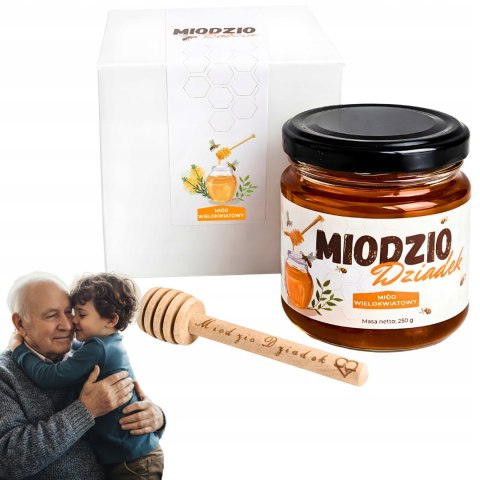 PREZENT NA DZIEŃ BABCI I DZIADKA MIÓD WIELOKWIATOWY 250G Z ŁYŻECZKĄ GRAWER
