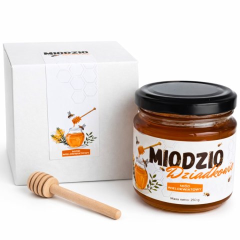 PREZENT NA DZIEŃ BABCI I DZIADKA MIÓD WIELOKWIATOWY 250G Z ŁYŻECZKĄ GRAWER