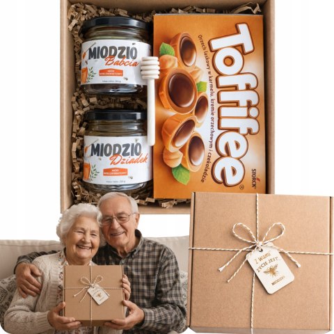 PREZENT NA DZIEŃ BABCI I DZIADKA ZESTAW UPOMINKOWY MIÓD TOFFIFEE OD DZIECI
