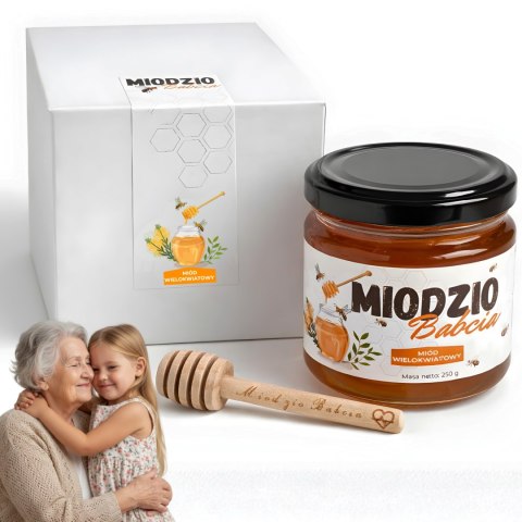 ZESTAW PREZENT NA DZIEŃ BABCI I DZIADKA MIÓD 250G Z ŁYŻECZKĄ GRAWER PUDEŁKO