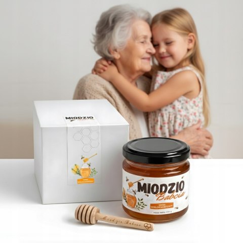 ZESTAW PREZENT NA DZIEŃ BABCI I DZIADKA MIÓD 250G Z ŁYŻECZKĄ GRAWER PUDEŁKO